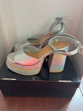 torrid Silver Ankle-Strap Platform Sandals with Multicolor Rhinestone Trim